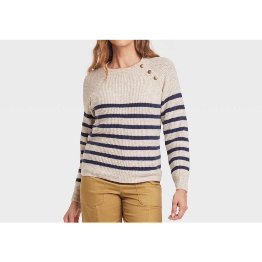 Knox Rose Women Oatmeal Navy Stripe Crewneck‎ Pullover Sweater Small Button Soft